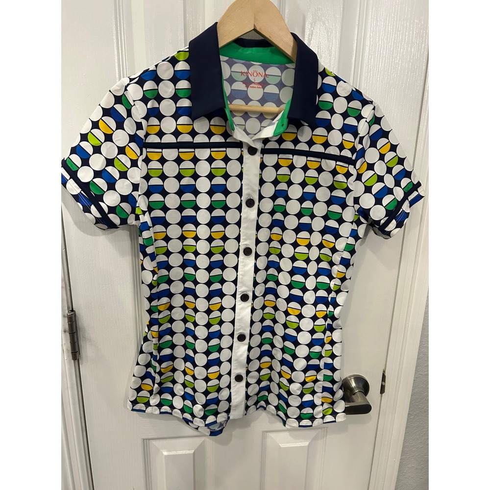 Kinona Golf Polo Shirt White Blue Green Yellow‎ Geometric Circle Print Women S